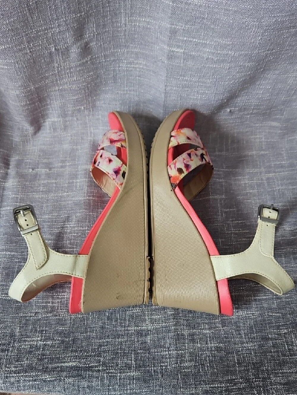CROCS Pink Floral Wedge Sandals with Cream Ankle Strap